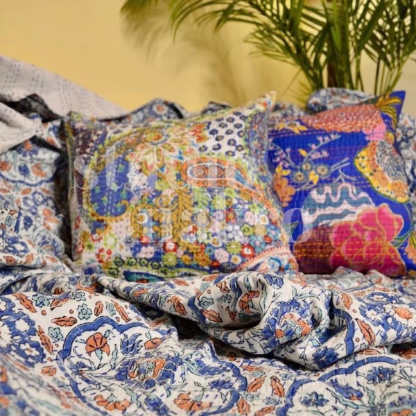 Blue Orange Turkish Tile Floral Print Bestseller Kantha Quilt Queen Pure Cotton Throw Blanket Kantha Bedspread Coverlet Bed Cover Boho