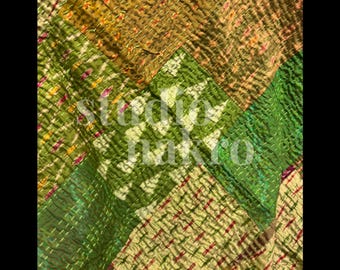 Handmade Silk Patchwork Bedspread | Green Kantha Quilt Throw | Hand Embroidered Indian Quilt | Bohemian Silk Blanket | Studio Nakro