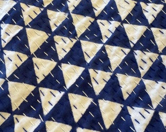 Indigo Blue Triangle Geometric Print Bestseller Kantha Quilt Queen Pure Cotton Throw Blanket Kantha Bedspread Coverlet Bed Cover Boho