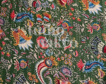 Green Floral Kantha Quilt – Handmade Queen Cotton Bedspread | Lightweight Indian Throw Blanket | Jungle Print Boho Bedding