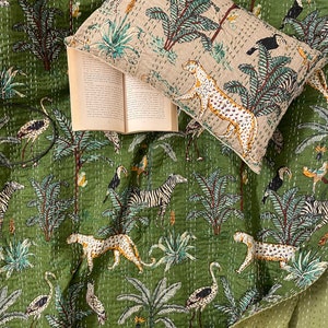 Forest Green Jungle Cheetah Kids Kantha Quilt Queen Pure Cotton Kantha Throw Blanket Kantha Bedspread Coverlet Kantha Bed Cover Boho Quilt