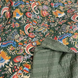 Green Wildflower Kantha Quilt Queen – Reversible Vintage Sari Cotton Bedspread, Hand‑Stitched Boho Bedding, Gift-Ready with Free Shipping