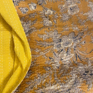Mustard Floral Kantha Quilt – Handmade Queen Size Cotton Bedspread | Boho Throw Blanket | Studio Nakro