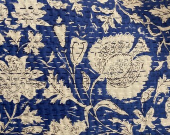 Blue Minimal Floral Kantha Quilt Queen Pure Cotton Kantha Throw Blanket Kantha Bedspread Coverlet Kantha Bed Cover Boho Quilt