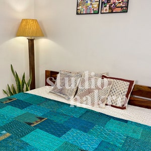 Shades Of Teal Silk Patchwork Hand Embroidered Kantha Quilt Queen Pure Cotton Throw Blanket Bedspread Coverlet Kantha Bed Cover Boho