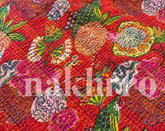 Red Fruit Floral Print Bestseller Kantha Quilt Queen Pure Cotton Throw Blanket Kantha Bedspread Coverlet Bed Cover Boho