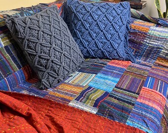 Edredón Kantha de patchwork en telar manual: colcha de algodón estilo bohemio tamaño queen