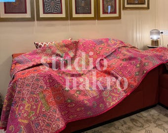 Red Silk Patchwork Kantha Quilt: Hand-Embroidered Queen Bedspread