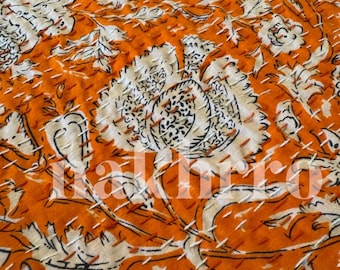 Neon Orange Minimal Floral Print Bestseller Kantha Quilt Queen Pure Cotton Throw Blanket Kantha Bedspread Coverlet Bed Cover Boho