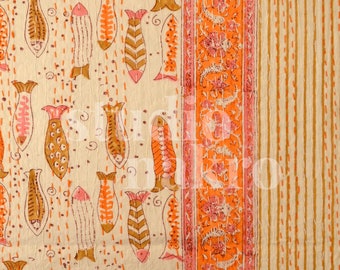 Orange Fish Hand Block Kantha Double Bed Queen Hand Embroidered Bedspread Housewarming Gift Mothers Day Home Decor Bedding Quilt Throw