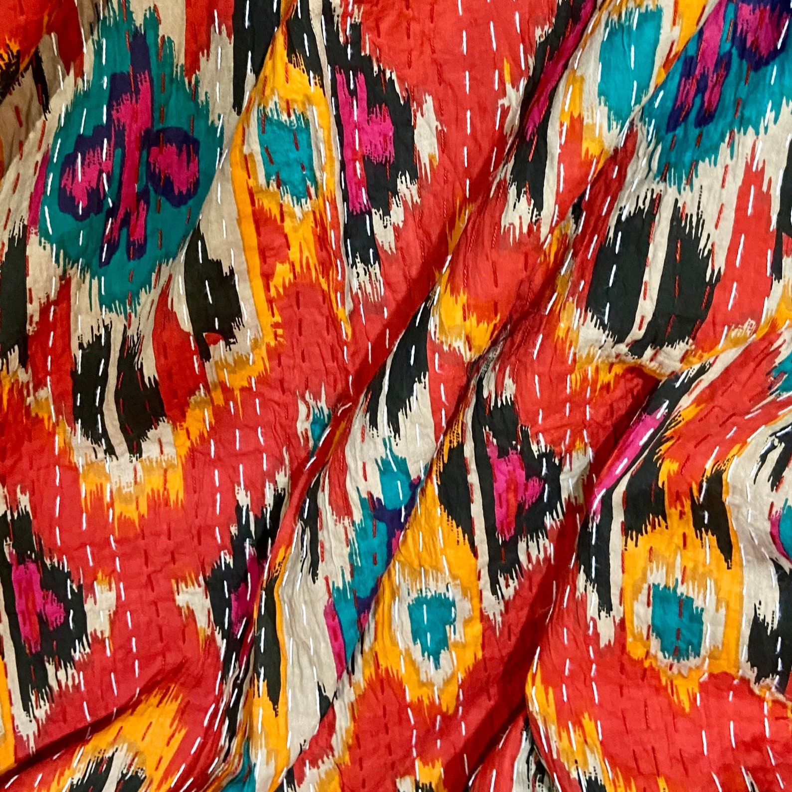 Ikat Print Kantha Quilt Queen Pure Cotton Kantha Throw Blanket Etsy UK