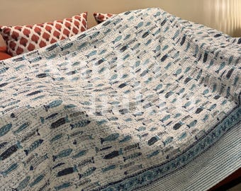 Blue Fish Kantha Quilt: Handmade Block Print Cotton Queen Bedspread