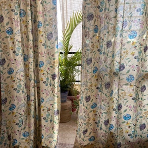 Beige Floral Pure Cotton Handblock printed room curtain drape window curtain floral design indian curtain mint green bedroom decor