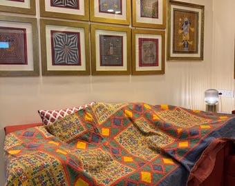 Patchwork Mirror Work Quilt Queen 90x108 | Hand Embroidered Kantha Bedspread | Indian Folk Textile Art | Boho Colorful Bedding Throw