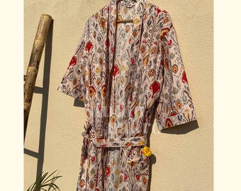 Kimono Ikat pink beige bathrobe kimono pure cotton lounge wear night wear block printed robe kimono free size unisex