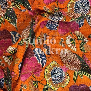 Rust Orange Floral Fruit Print Kantha Quilt Queen Pure Cotton Throw Blanket Kantha Bedspread Coverlet Kantha Bed Cover Boho