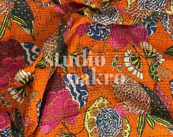 Courtepointe florale kantha orange rouille : couvre-lit bohème en coton pour grand lit