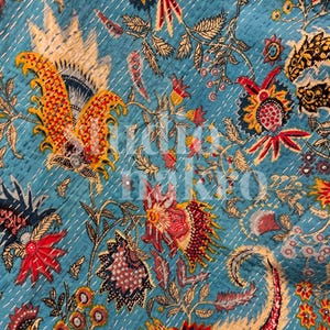 Blue Floral Kantha Quilt – Hand Block Printed Cotton Throw | Lightweight Reversible Quilt | Paisley Boho Bedspread from India