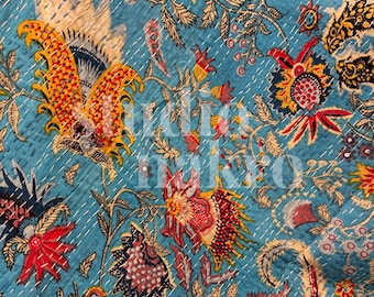 Blue Floral Kantha Quilt – Hand Block Printed Cotton Throw | Lightweight Reversible Quilt | Paisley Boho Bedspread from India