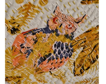 Wild Owl Kantha Quilt Queen Pure Cotton Kantha Throw Blanket Kantha Bedspread Coverlet Kantha Bed Cover Boho Quilt