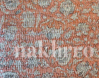 Baby Pink Minimal Floral Print Bestseller Kantha Quilt Queen Pure Cotton Throw Blanket Kantha Bedspread Coverlet Bed Cover Boho