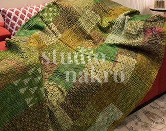 Green Patchwork Kantha Quilt: Hand-Stitched Vintage Cotton Throw Blanket