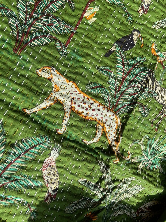 Forest Green Jungle Print Kantha Quilt Queen Pure Cotton Kantha