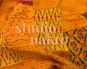 Marigold Silk Patchwork Kantha Quilt: Vintage Boho Queen Bedspread
