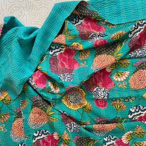 Turquoise Blue Fruit Floral Print Kantha Quilt Queen Pure Cotton Kantha Throw Blanket Bedspread Coverlet Kantha Bed Cover Boho Quilt