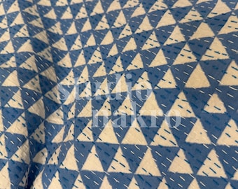 Blue Triangle Kantha Quilt (Queen): Hand Block Printed Reversible Cotton Bedspread