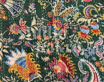 Green Wildflower Kantha Quilt (Queen): Reversible Vintage Sari Cotton Bedspread