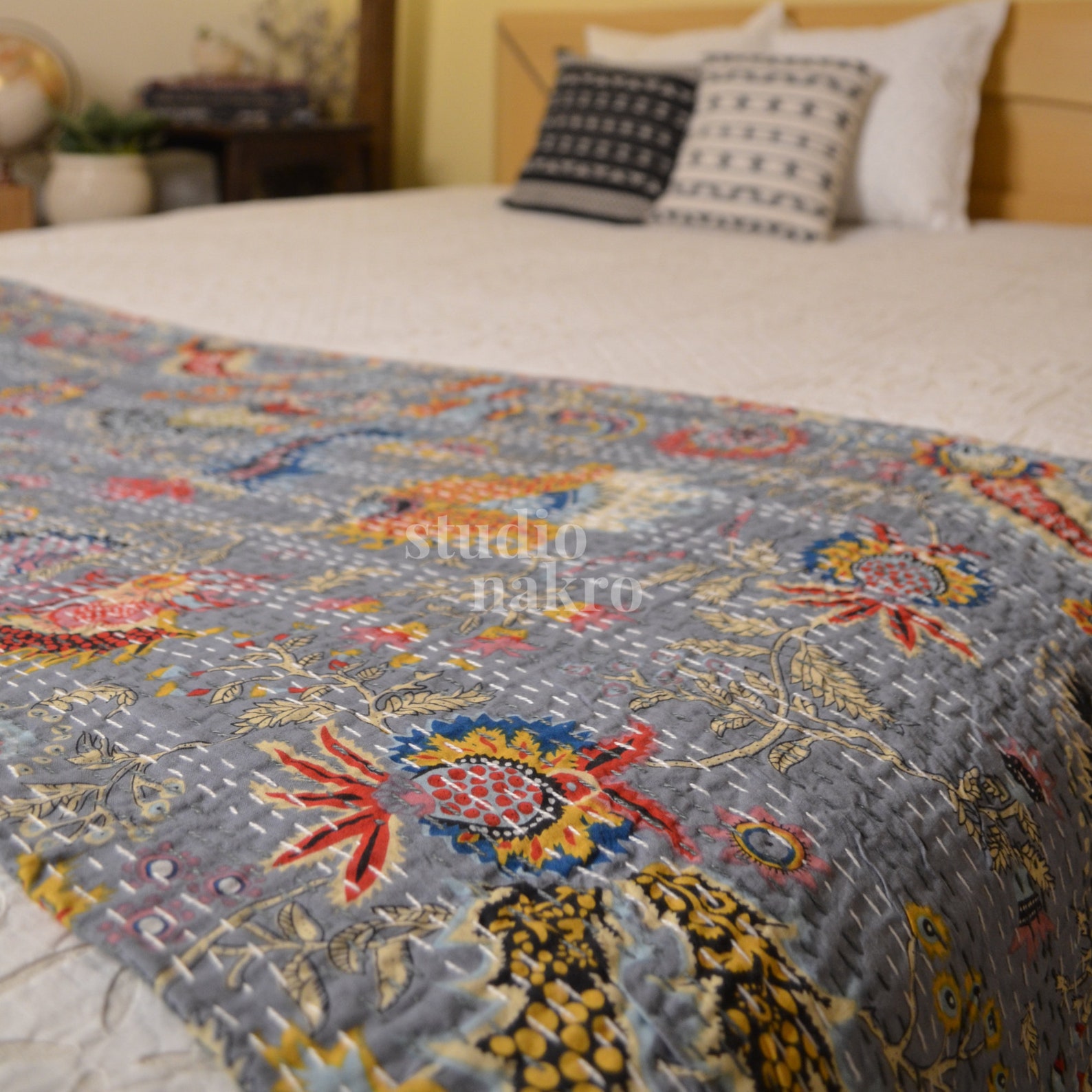 Grey Bloom Kantha Quilt Queen Pure Cotton Kantha Throw Blanket Etsy UK