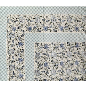 Blue Pine Floral Vineyard Square Choker Border Hand Block Print Queen Pure Cotton Bedsheet Bed Cover Boho Quilt Soft Bedsheet