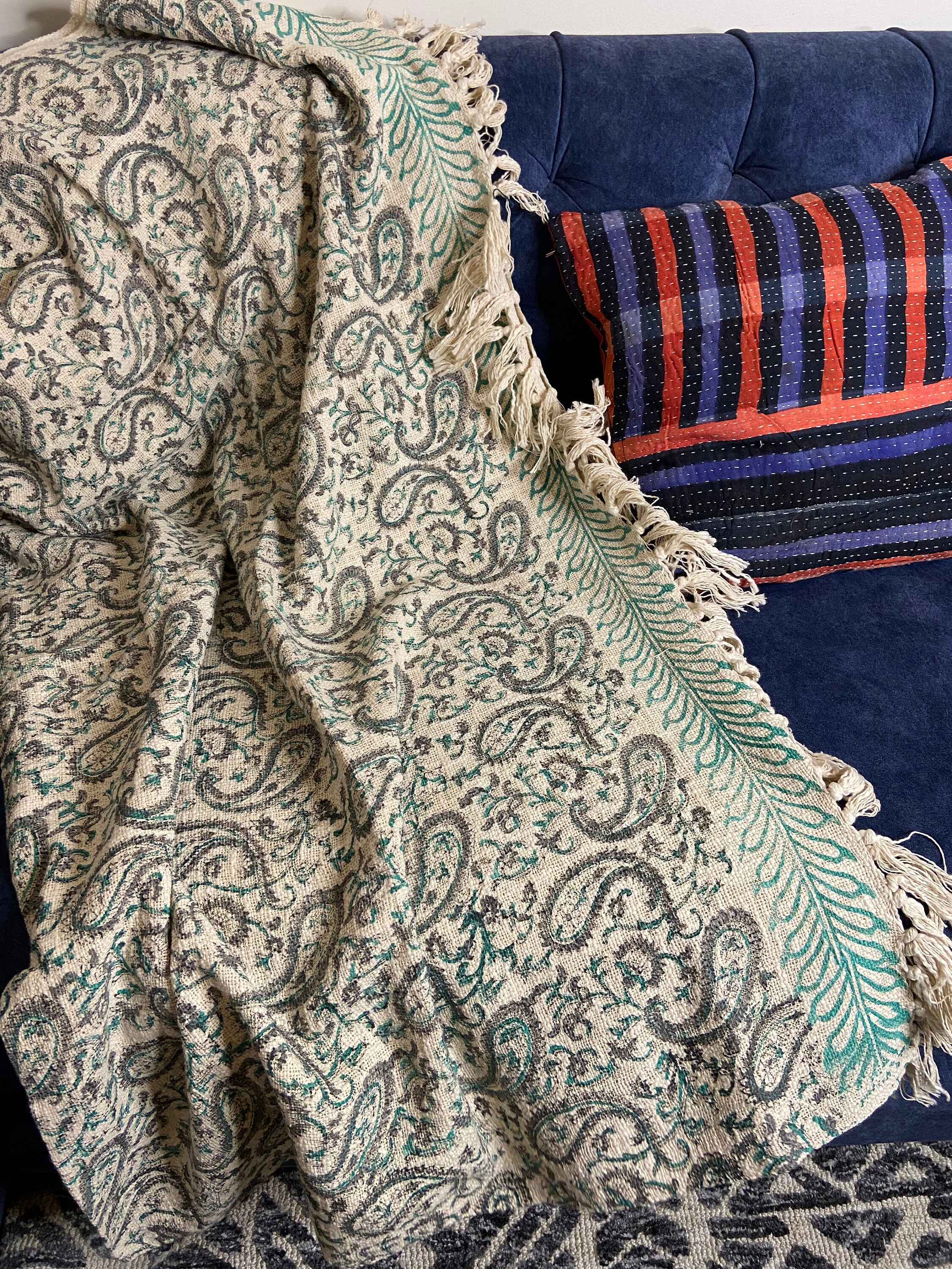 ヴィンテージ手刺繍カンタ刺繍クッションカバー ヴィンテージカンタ 