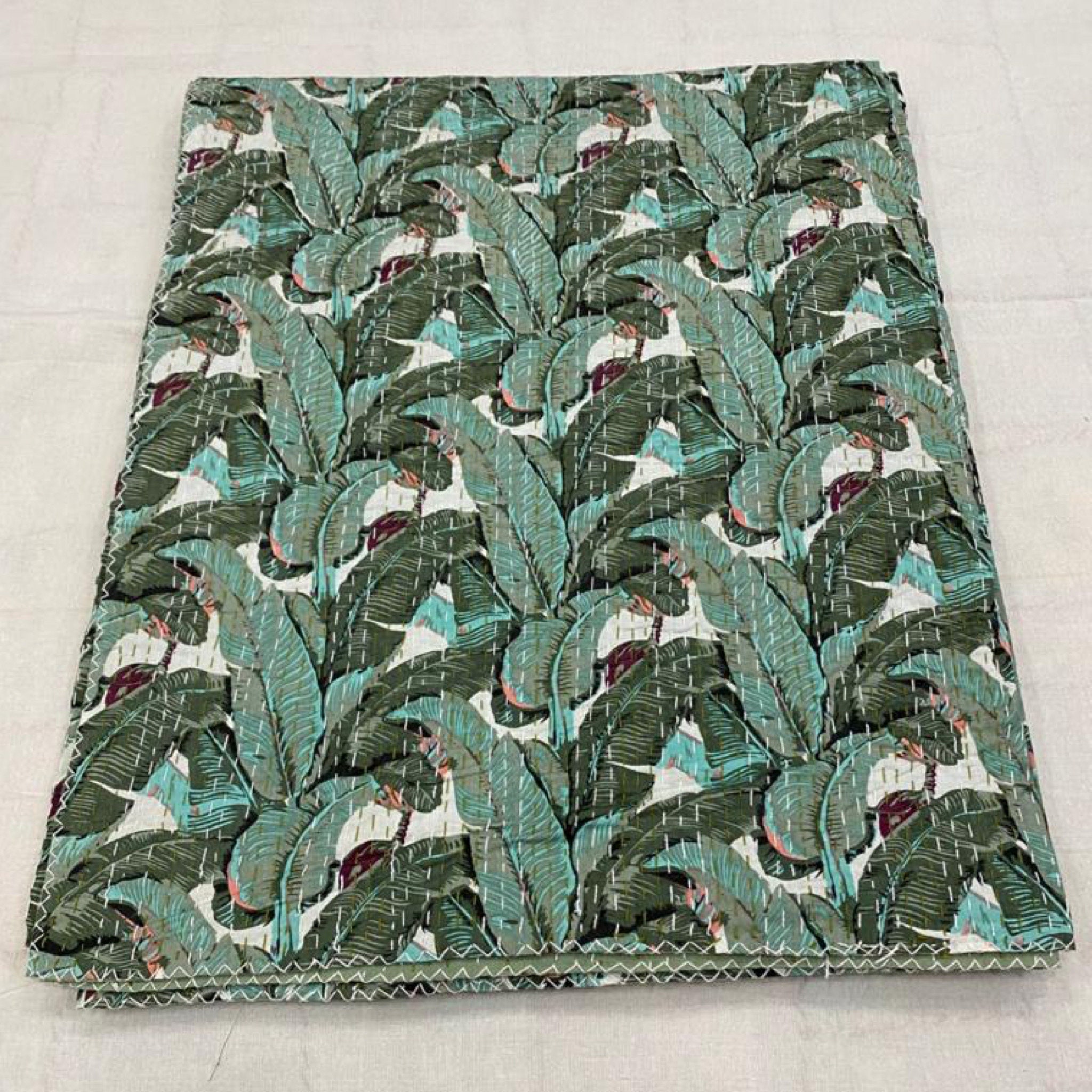 Olive Green Aqua Banana Leaf Kantha Quilt Queen Pure Cotton Etsy