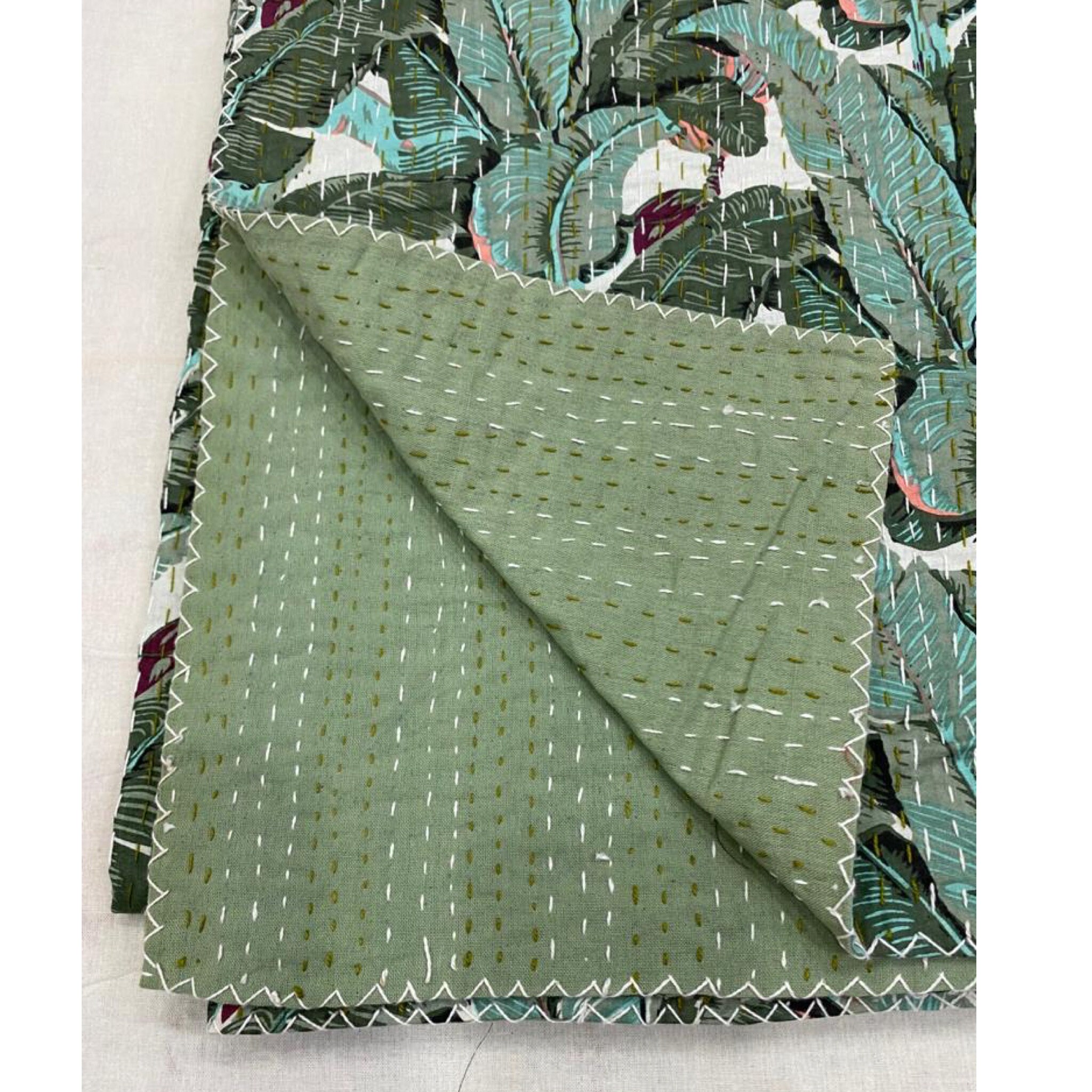 Olive Green Aqua Banana Leaf Kantha Quilt Queen Pure Cotton Etsy