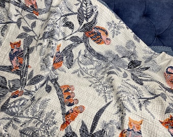 Grey Owl Jungle Print Kantha Quilt: Boho Cotton Bedspread