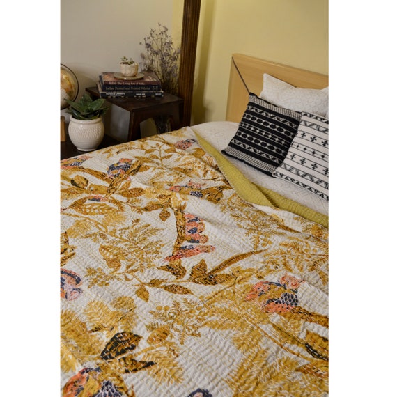 Wild Owl Kantha Quilt Queen Pure Cotton Kantha Throw Blanket