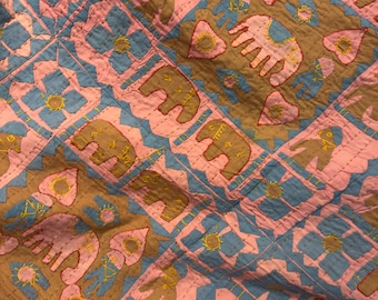 Hand Appliqué Elephant Quilt Throw 90x60 | Kantha Embroidered Textile Art | Boho Wall Hanging | Indian Folk Art Quilt | Artisan Home Decor