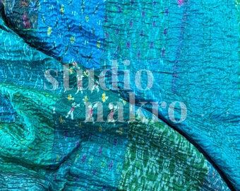 Blue Turquoise Silk Kantha Quilt: Vintage Patchwork Queen Bedspread