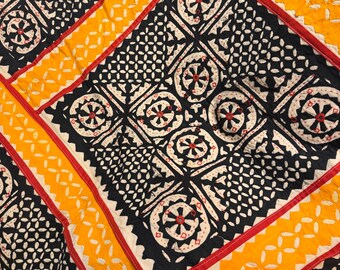 Hand Embroidered Appliqué Quilt Queen Size | One of a Kind Artisan Textile | Mirror Work Kantha Bedspread | Heirloom Indian Quilt Throw