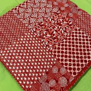 Red Geometrical Block Print Patchwork Kantha Quilt Queen Pure Cotton Kantha Throw Blanket Bedspread Coverlet Kantha Bed Cover Boho Quilt