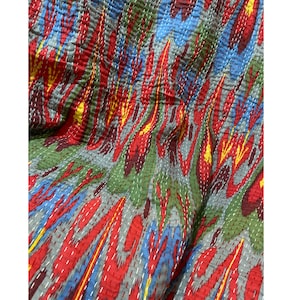 Grey Red Ikat Print Kantha Quilt Queen Pure Cotton Kantha Throw Blanket Bedspread Coverlet Kantha Bed Cover Boho Quilt