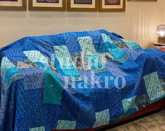Hand-Stitched Kantha Quilt: Blue Vintage Sari, Queen Size Boho Bedspread