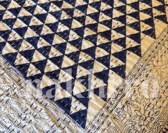 Blue Trinangle Geometric Pattern Print Bestseller Kantha Quilt Queen Pure Cotton Throw Blanket Kantha Bedspread Coverlet Bed Cover Boho