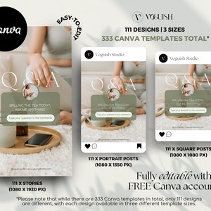 Puede incluir: Imagen promocional para plantillas de Canva, con tres maquetas de publicaciones de Instagram. Las plantillas son para sesiones de preguntas y respuestas, con el texto "Spilling the tea today, ask me anything". La imagen tambi&eacute;n incluye el texto "111 designs, 3 sizes, 333 Canva templates total."