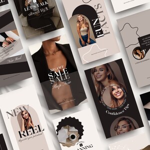 May include: A collection of social media graphics with a black and brown color scheme. The graphics feature text such as "New Reel", "Fun Facts", "Confidence Tips", and "Let's Talk About ROI".