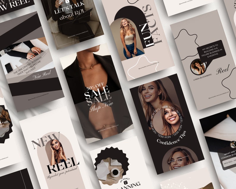 May include: A collection of social media graphics with a black and brown color scheme. The graphics feature text such as "New Reel", "Fun Facts", "Confidence Tips", and "Let's Talk About ROI".