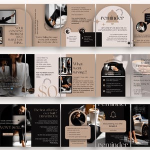 May include: A three-part carousel graphic with a neutral color scheme. The first section features a laptop and phone, with text that reads "YOUR CONTENT PROBLEM ISN'T WHAT YOU THINK." The second section discusses sales and offers. The third section focuses on offers and simplification.