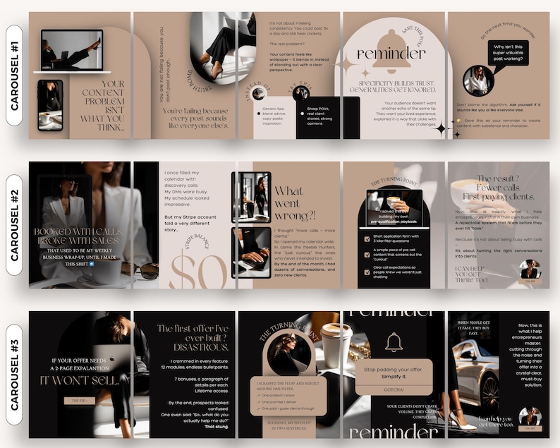 May include: A three-part carousel graphic with a neutral color scheme. The first section features a laptop and phone, with text that reads "YOUR CONTENT PROBLEM ISN'T WHAT YOU THINK." The second section discusses sales and offers. The third section focuses on offers and simplification.
